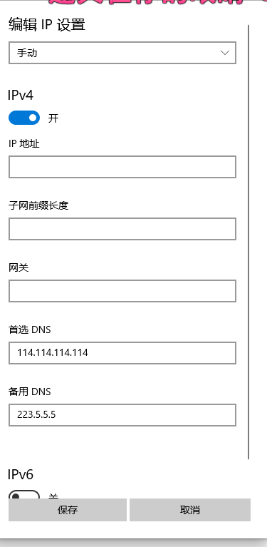 手动IP与DNS设置示例。地址、网关和DNS要与本地网络及业务配置匹配，不能只抄两项DNS数值。