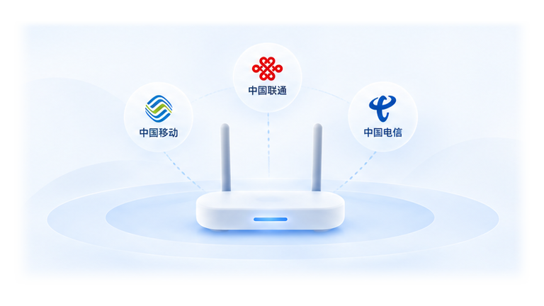 移动、联通、电信三网接入白色双天线路由器的示意插画