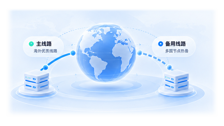 地球连接主线路及备用线路两侧服务器的双路热备示意插画